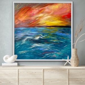 Naming your art example: Abstract painting of a bright orange and red sunset over a body of water.